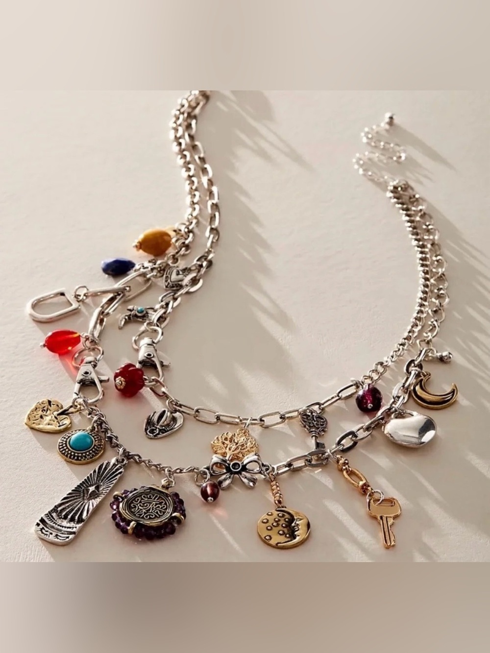 Silver Free People Maxamillion Layered Charm Necklace with Colorful Gem Accents